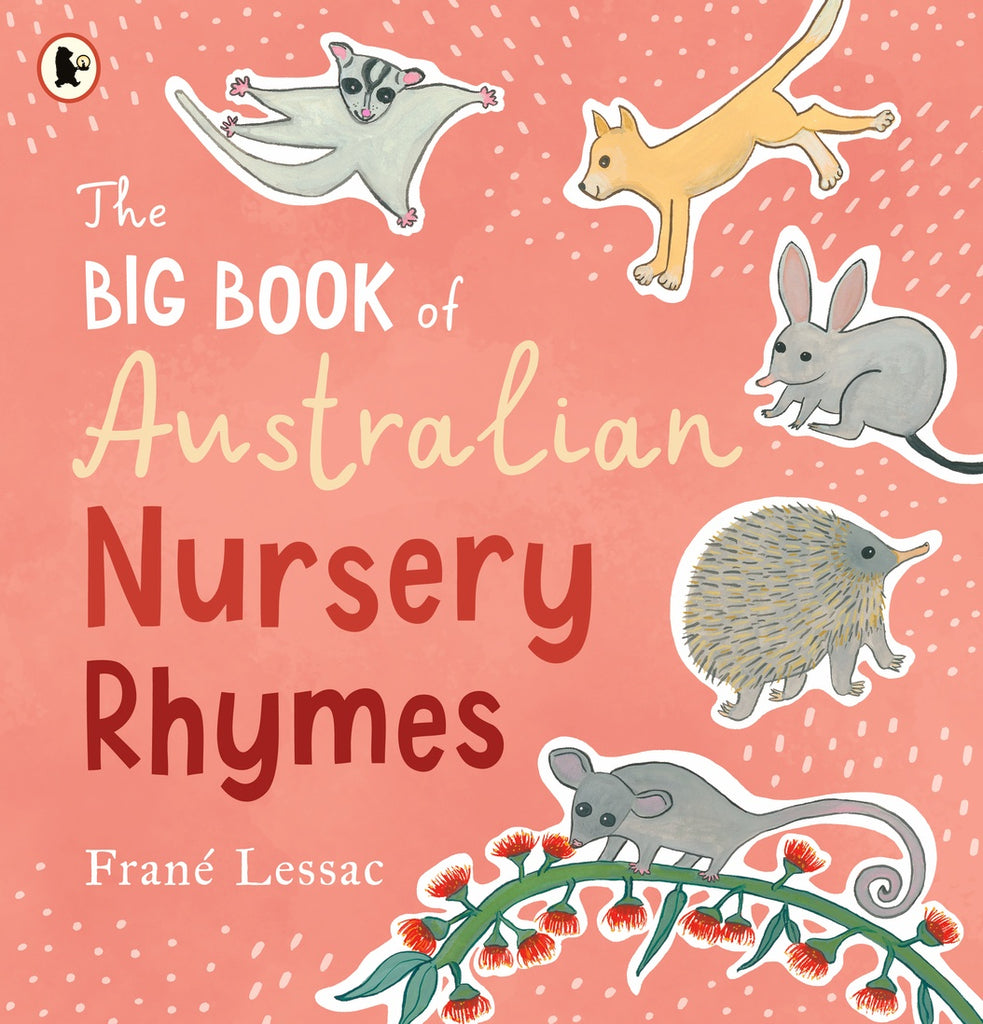 Book cover of 'The Big Book of Australian Nursery Rhymes' with illustrations of animals on a pink background.