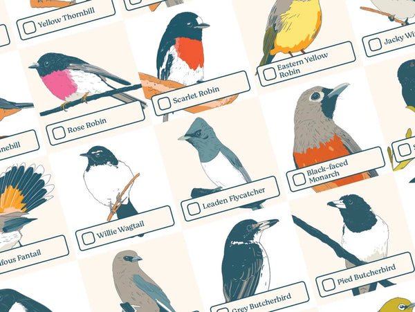 Various bird illustrations with bird names and a check box.