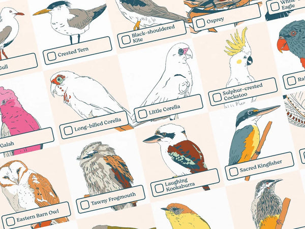 Various bird illustrations with bird names and a check box.