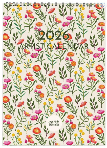 2026 Artist Calendar with floral design and 'Earth Greetings' branding, portrait orientation