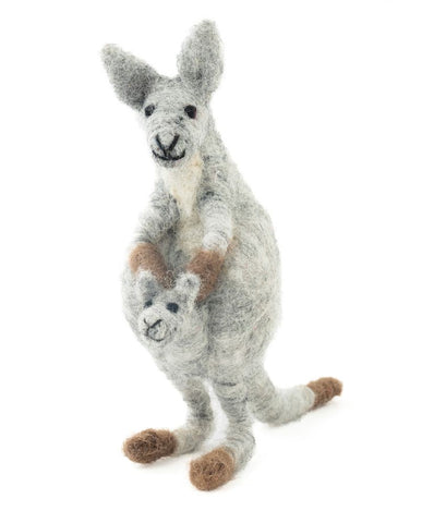 Wool felt kangaroo with a joey against a white background