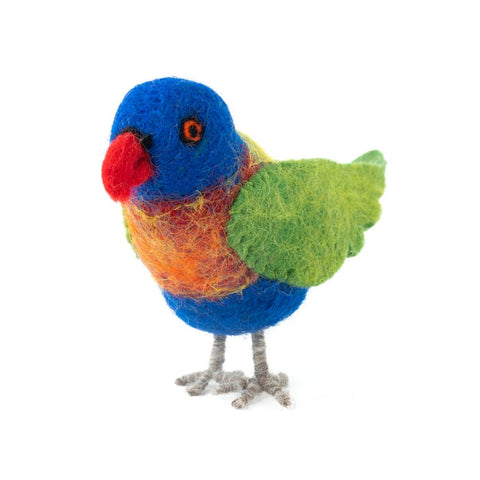Colorful rainbow lorikeet figurine with blue, orange, and green felt on a white background
