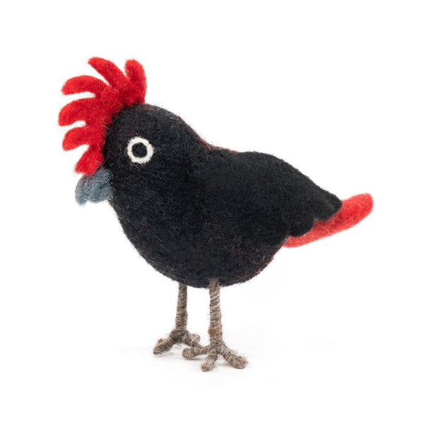 Handmade black cockatoo felted wool figurine with red crest and tail on a white background