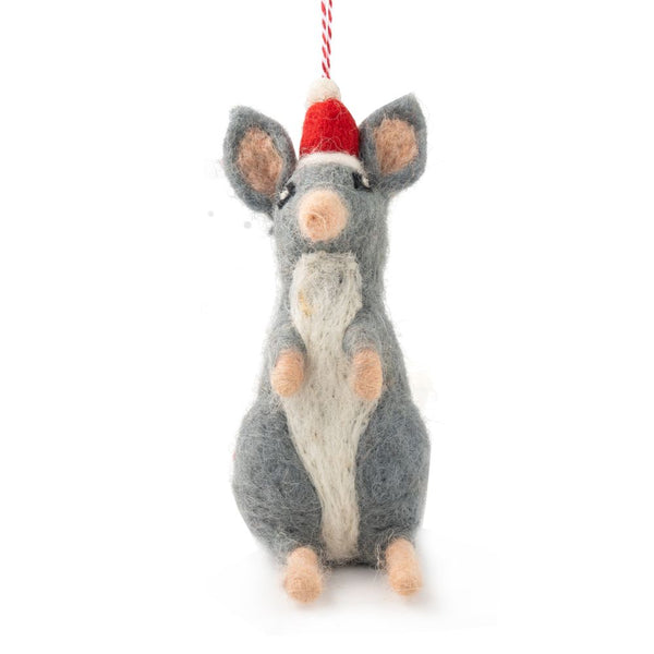 A felted bilby Christmas ornament wearing a Santa hat, hanging from a red and white string against a white background.