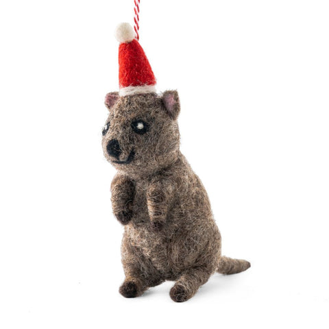 Felted wool Quokka Christmas  ornament wearing a Santa hat on a white background