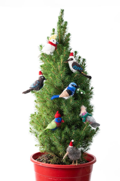 Decorative Christmas tree with bird ornaments on a white background