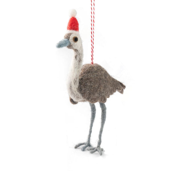 Decorative emu ornament with a Santa hat on a white background