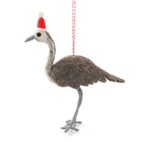 Decorative emu ornament with a Santa hat on a white background