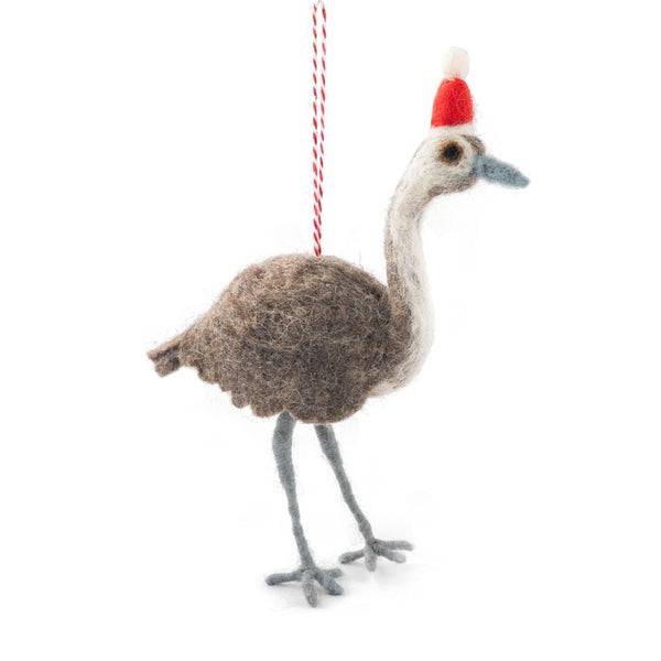 Decorative emu ornament with a Santa hat on a white background