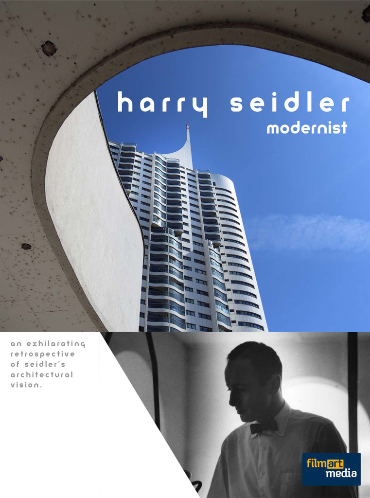 The cover of the DVD Harry Seidler: Modernist depicts an upward view of one of Harry Seidler's modern buildingls, and a profile in shadow of Seidler himself as a younger man.