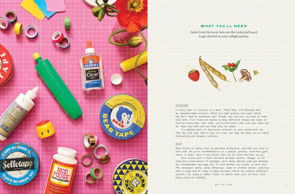 Illustration of tape and craft supplies on a pink background with text on the right side.