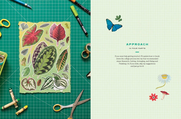 Collage of illustrated leaves on a green cutting mat, markers, and scissors.