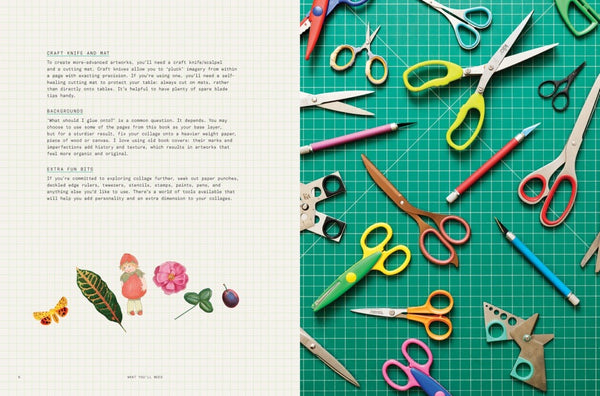 Scissors and craft materials on a green cutting mat with text on the left side.