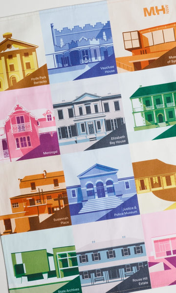 Colorful illustrations of various buildings on a white background Tea Towel
