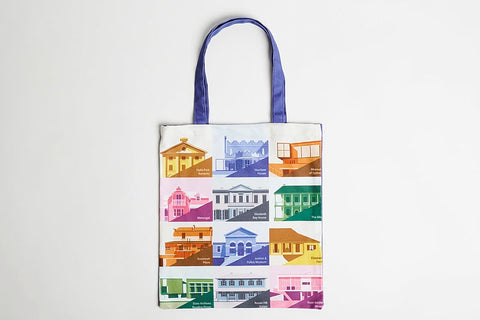 Tote bag with colorful historic houses and museums illustrations on a white background