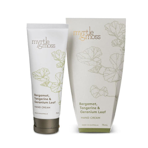 Myrtle & Moss Bergamot, Tangerine & Geranium Leaf hand cream packaging on a white background