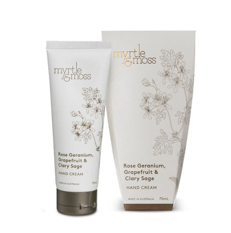 A tube of Myrtle & Moss Rose Geranium hand cream next to its packaging.