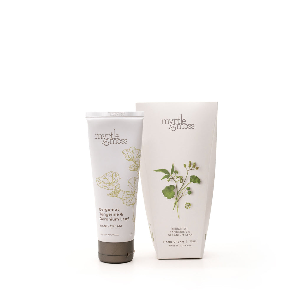 Myrtle & Moss Bergamot, Tangerine & Geranium Leaf hand cream packaging on a white background