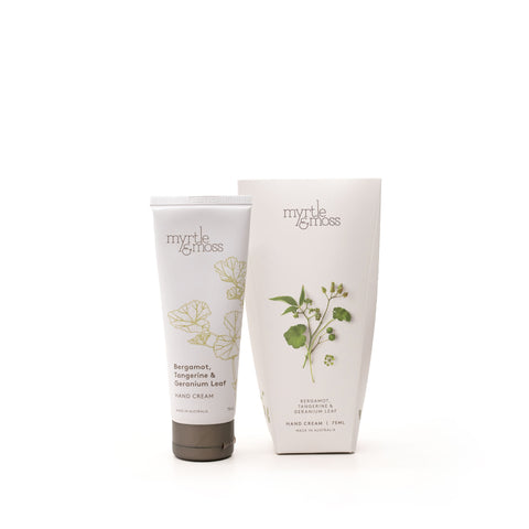 Myrtle & Moss Bergamot, Tangerine & Geranium Leaf hand cream packaging on a white background