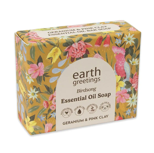 Earth Greetings essential oil soap bar packaging with floral design