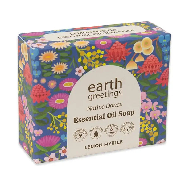 Earth Greetings lemon myrtle essential oil soap packaging with floral design