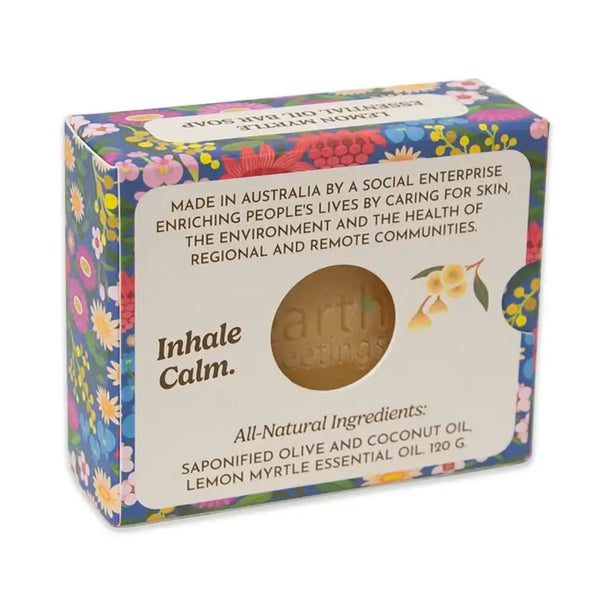 Earth Greetings lemon myrtle essential oil soap packaging with floral design