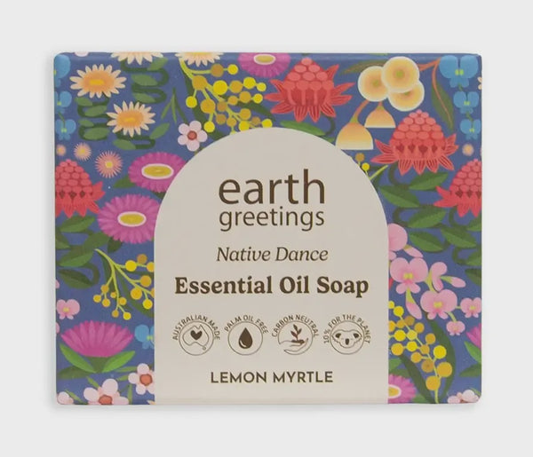 Earth Greetings lemon myrtle essential oil soap packaging with floral design