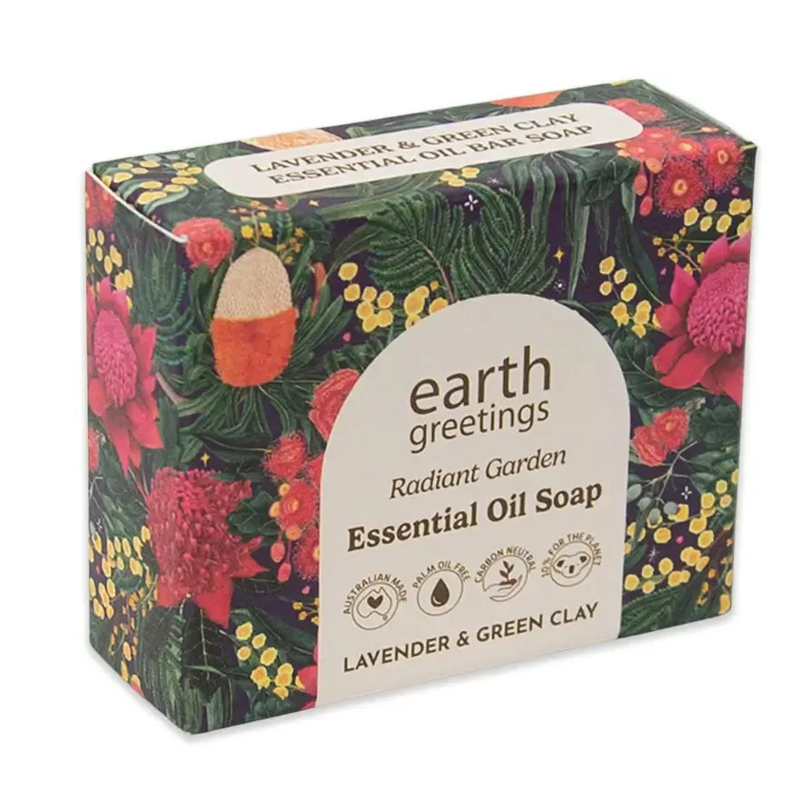 Earth Greetings essential oil soap packaging with floral design