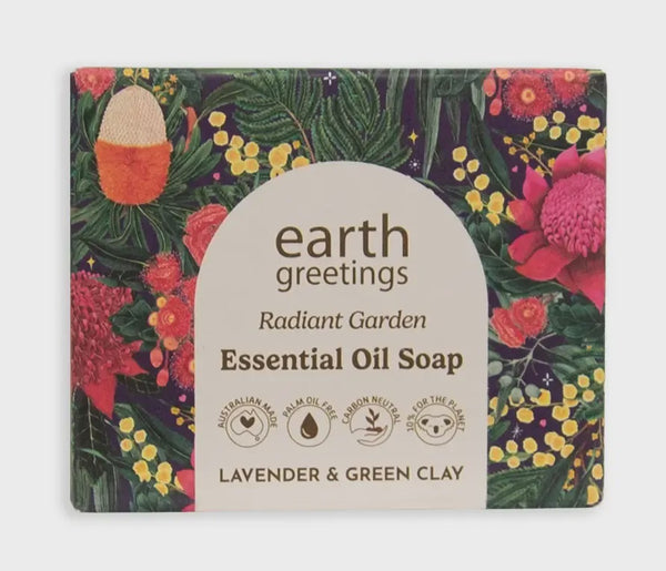 Earth Greetings essential oil soap packaging with floral design
