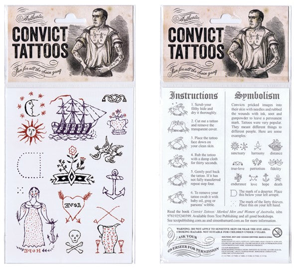 Temporary tattoos Designed and illustrated by Simon Barnard in the style of the convicts of Australia