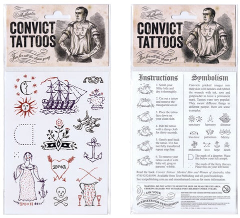 Temporary tattoos Designed and illustrated by Simon Barnard in the style of the convicts of Australia