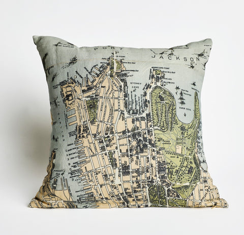 A square-shaped cushion cover with a vintage map print of Sydney on a linen and cotton blend.