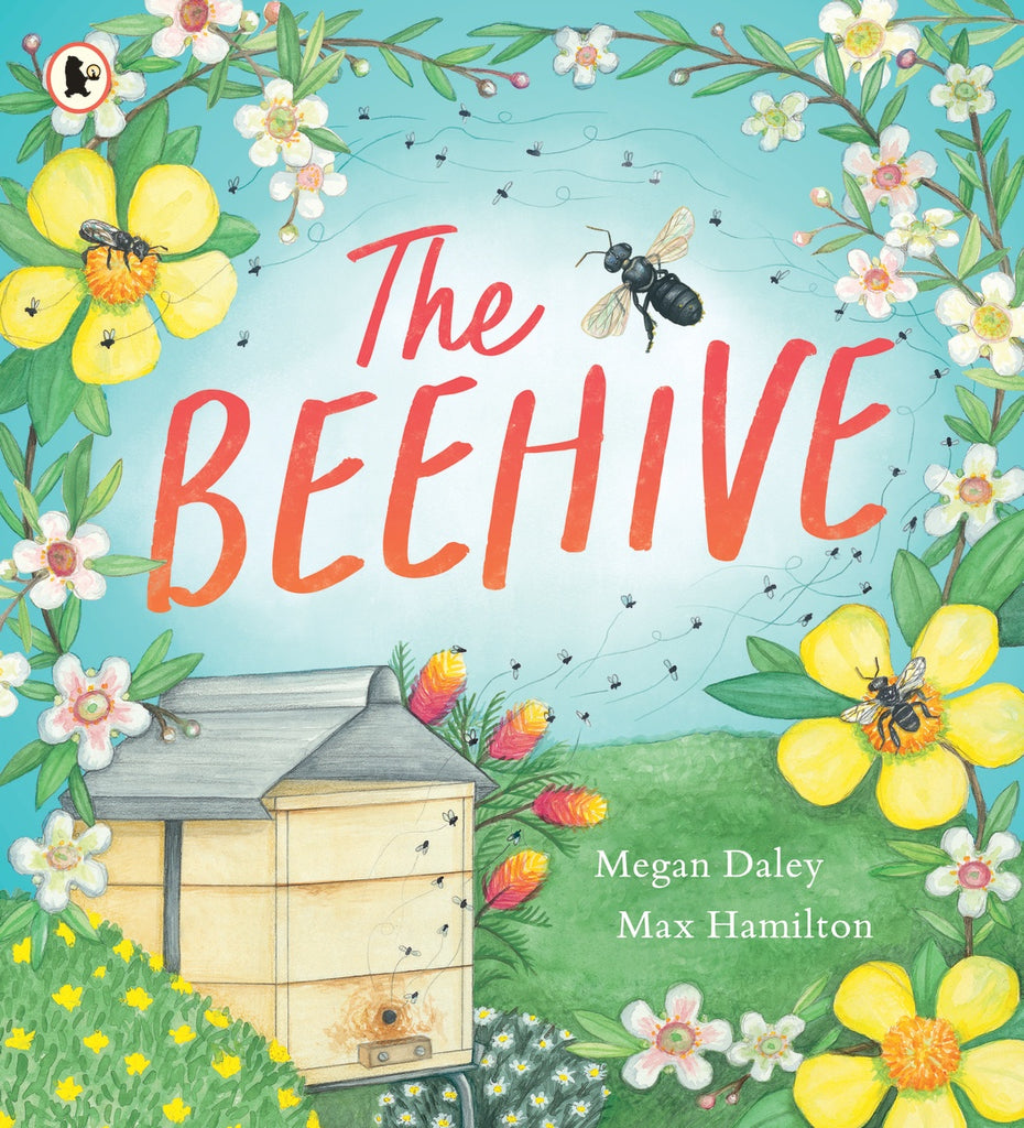 Book cover of 'The Beehive' with bees, flowers, and a beehive.