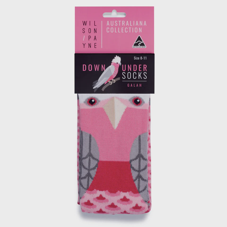 Packaged sock with pink galah design and pink background, featuring Wilson & Payne branding.