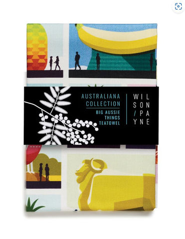 A colorful kitchen towel with an abstract design featuring Big Aussie Things by WilsonPayne.