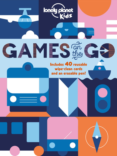 Lonely Planet Kids 'Games on the Go' cover with colorful transportation illustrations.