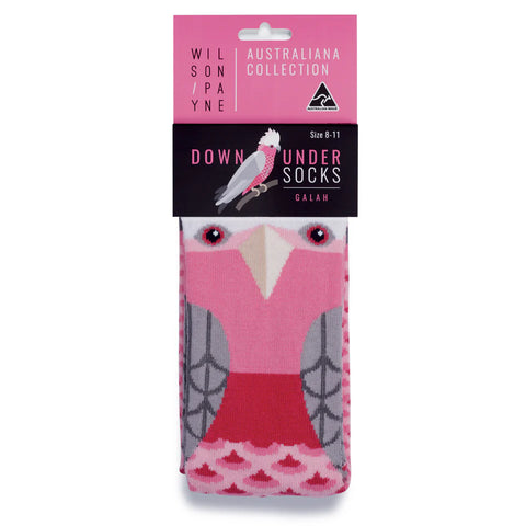 Wilson & Payne sock in packaging with galah design.