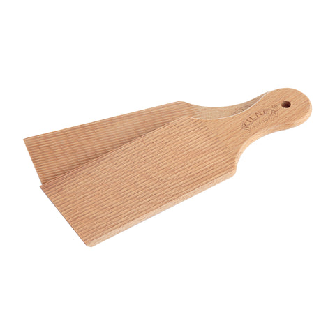 Two wooden butter paddles with a smooth finish and rounded edges, lying flat on a white background.
