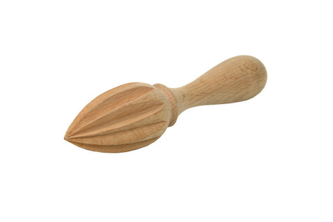 A traditional beechwood citrus reamer with a pointed tip and ergonomic handle, isolated on a white background.