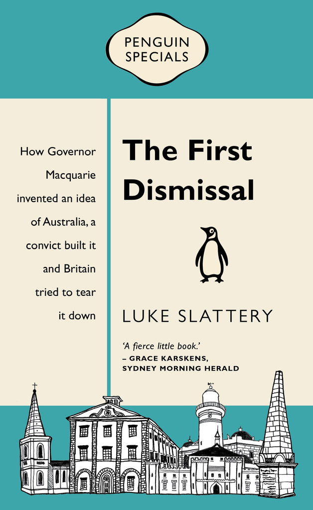 Book cover of 'The First Dismissal' featuring illustrations of buildings and a penguin logo, indicating it is a Penguin Specials edition.
