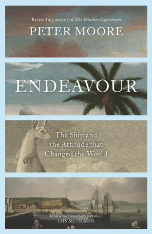 The image features the cover of the book "Endeavour: The Ship and the Attitude that Changed the World" by Peter Moore. The book's cove image is divided into four panels, each illustrating different aspects of the Endeavour's history.