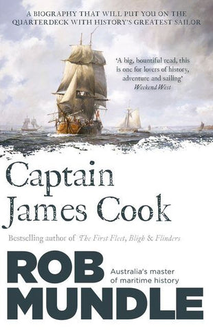 Book cover of 'Captain James Cook' by Rob Mundle featuring a painting of a tallship with the title and author's name.