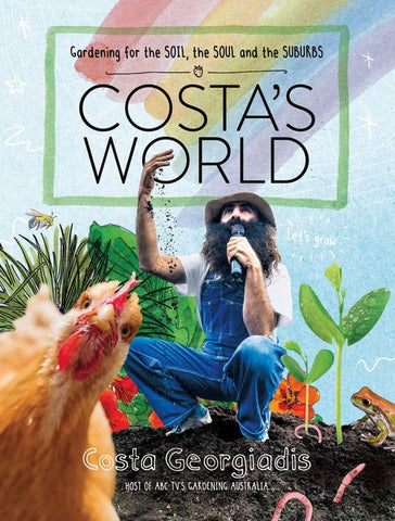 Book cover of 'Costa's World' featuring a man with a beard and hat, kneeling next to a chicken, with illustrations of plants and the title text in the background.