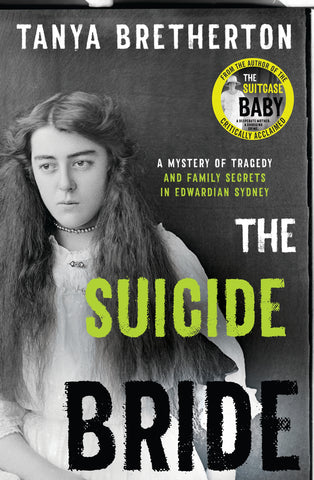 The cover of the book 'The Suicide Bride' features an image of a woman with a contemplative expression, dressed in an old-fashioned white outfit with a green accent on the title text.