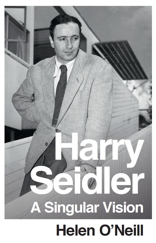 Black and white photograph of Harry Seidler with 'Harry Seidler A Singular Vision' overlaid in white text.