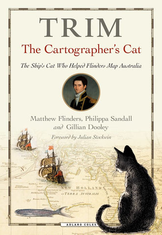 Cover of the book 'Trim, The Cartographer's Cat' featuring a map and an illustration of a black cat.