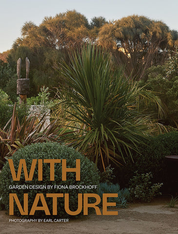 The cover of the book 'With Nature' by Fiona Brockhoff features a photograph of a garden with greenery and a text overlay that includes the title and the photographer's name.