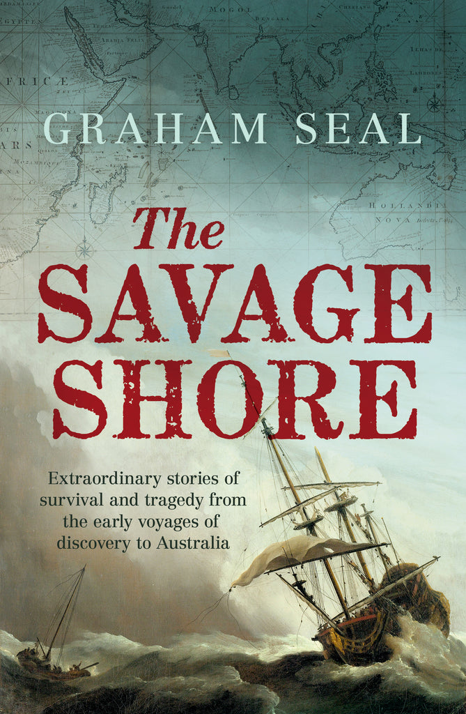 Book cover of 'The Savage Shore' featuring a sailing ship in rough seas with a title overlay and author's name.
