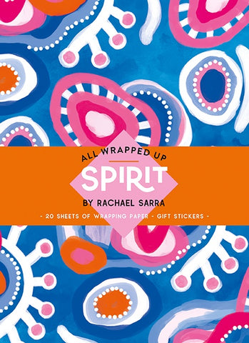 A book cover of 'All Wrapped Up Spirit: Rachael Sarra' featuring a vibrant Indigenous pattern of pinks and blues.