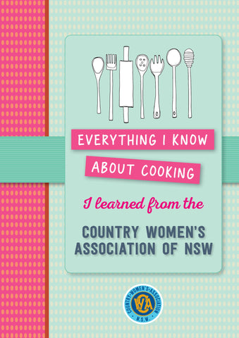 A book cover of 'Everything I know about cooking I learned from CWA' featuring a turquoise background and illustrations of kitchen utensils.
